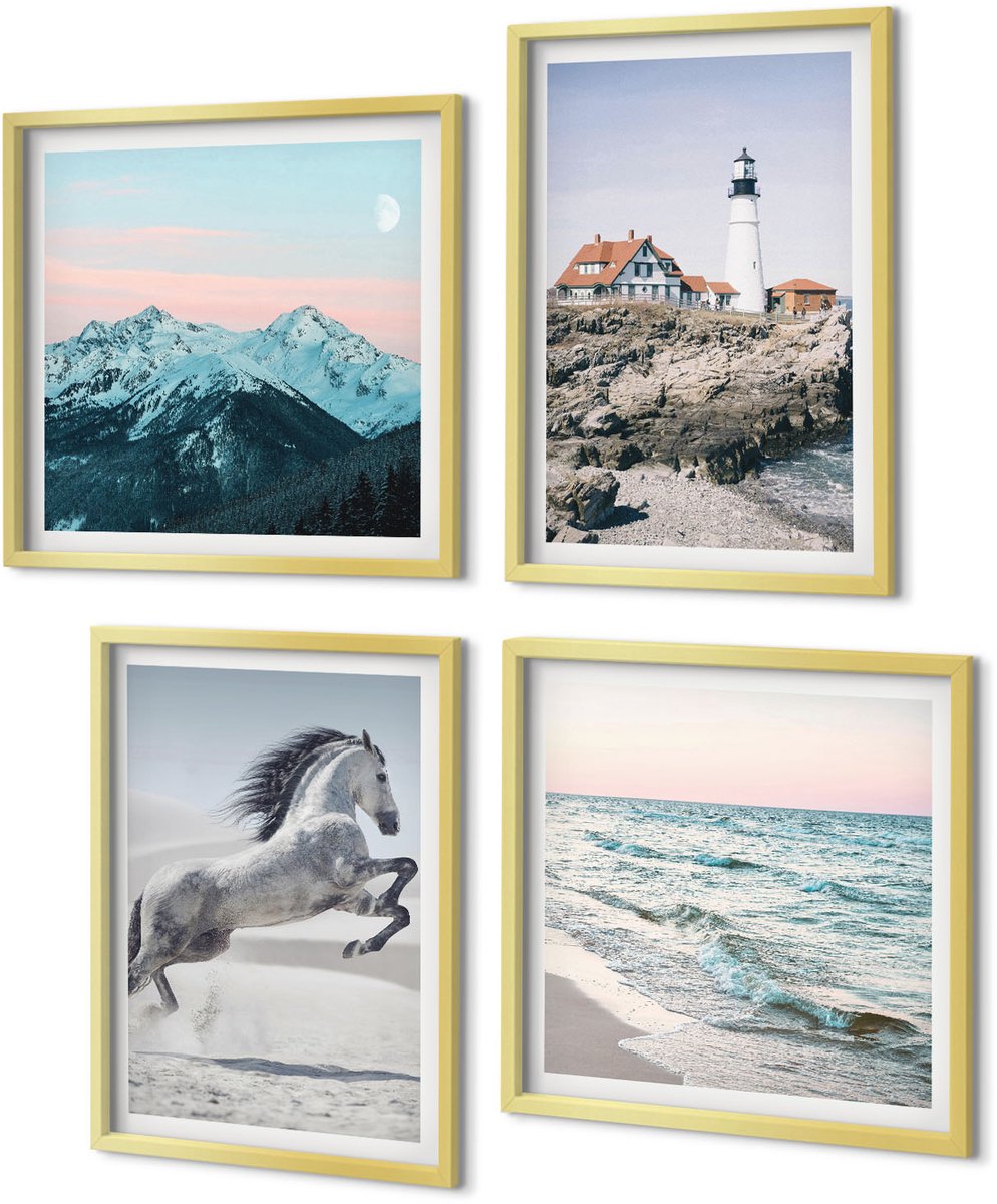 Coloray 4-Delige Schilderij Set - Paarden in beweging Strand en vuurtorenbergen - 40 x 40 cm en 40 x 60 cm - Muurdecoratie - Wanddecoratie - Slaapkamer - Decoratieve Schilderijen