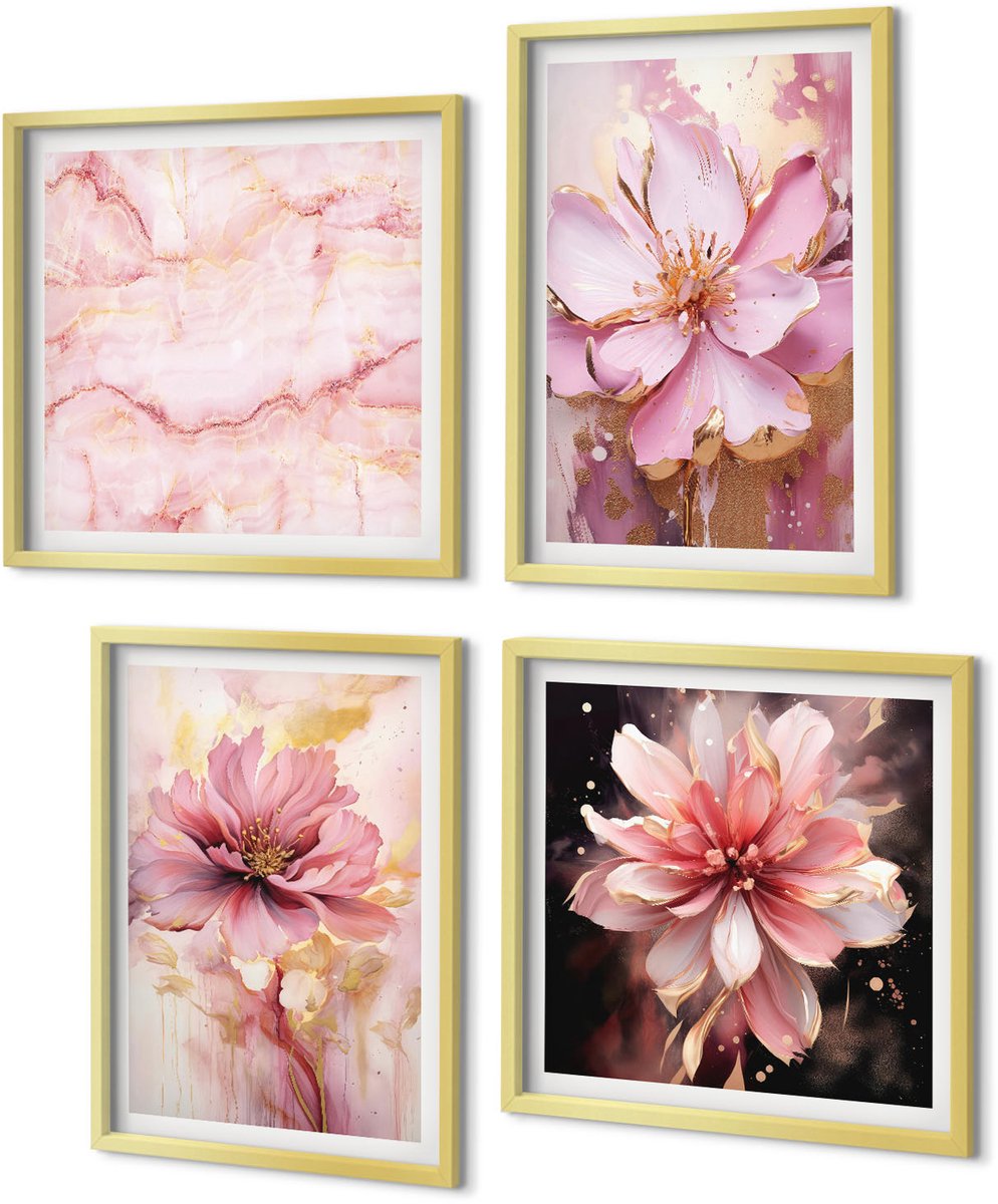 Coloray 4-Delige Schilderij Set - Bloemencomposities in roze en witte tinten. - 40 x 40 cm en 40 x 60 cm - Muurdecoratie - Wanddecoratie - Hal - Decoratieve Schilderijen