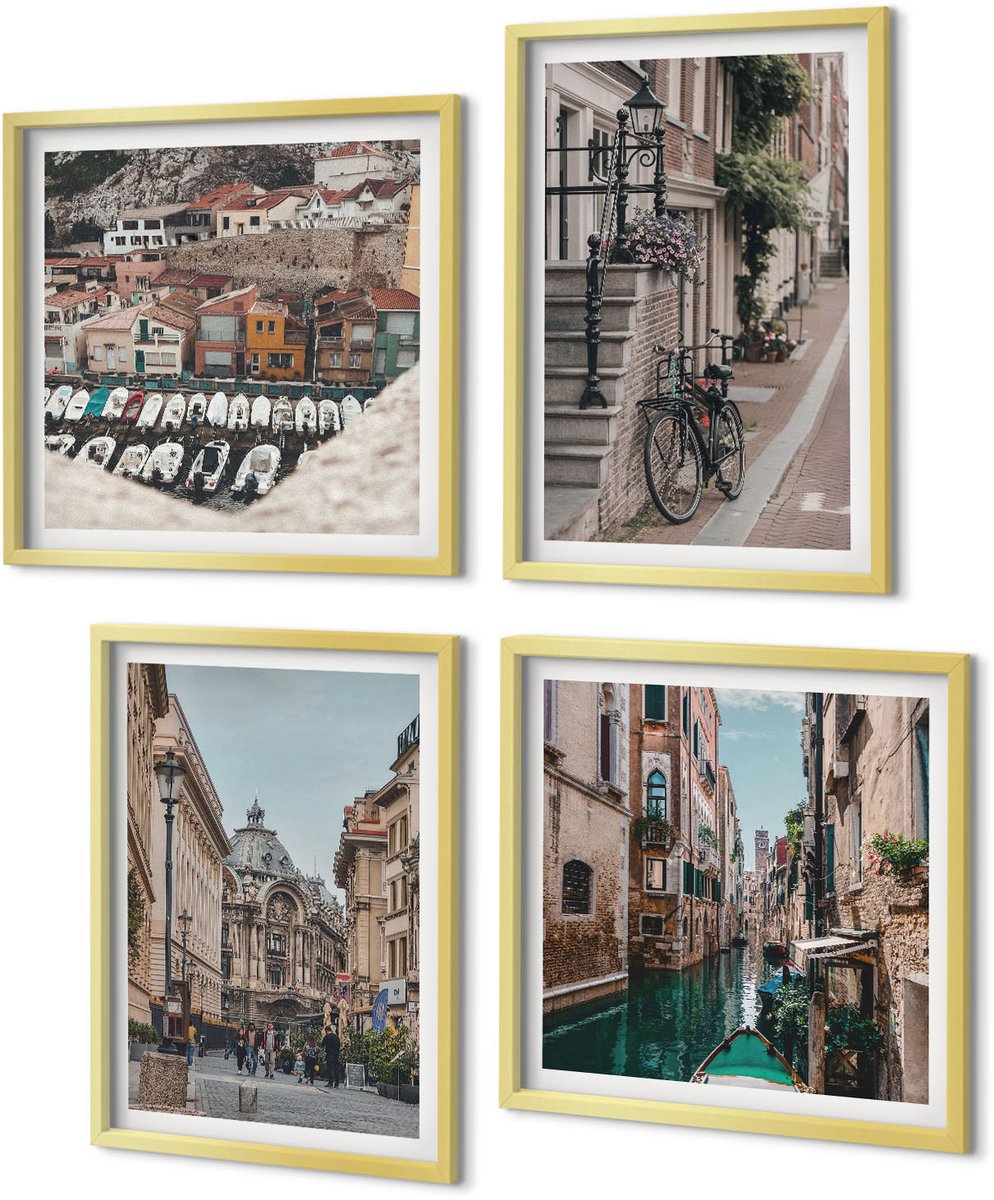 Coloray 4-Delige Schilderij Set - Sfeervolle stadsstraten met uitzicht op havens en gebouwen. - 40 x 40 cm en 40 x 60 cm - Stijlvolle Muurdecoratie - Slaapkamer - Moderne Wanddecoratie