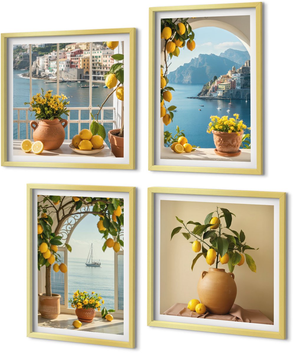 Coloray 4-Delige Schilderij Set - Citroenen en bloemen in potten in een kustplaats - 40 x 40 cm en 40 x 60 cm - Schilderijen Set - Wanddecoratie - Woonkamer - Decoratieve Schilderijen