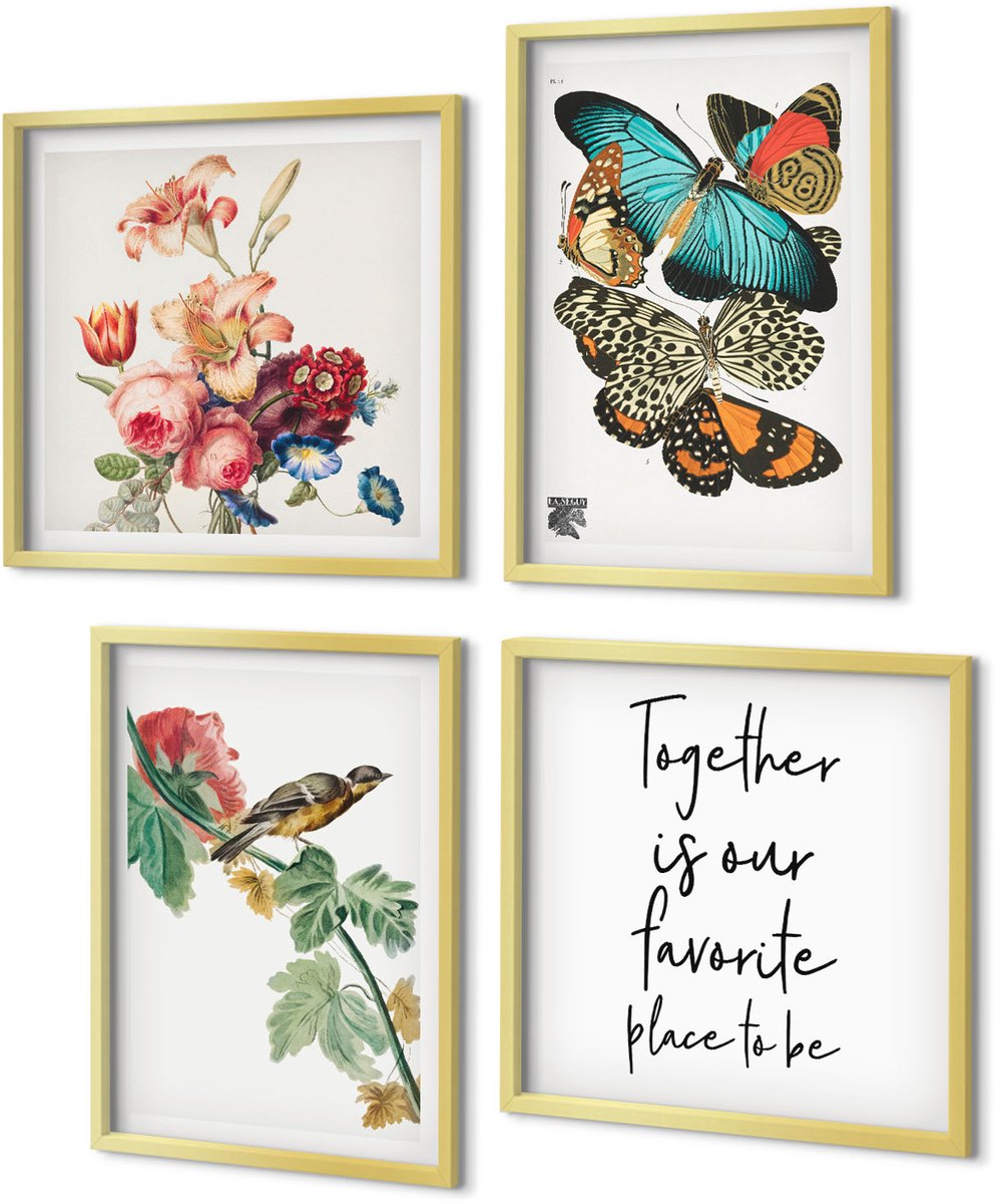 Coloray 4-Delige Schilderij Set - Bloemen, vlinders en vogels in pasteltinten - 40 x 40 cm en 40 x 60 cm - Muurdecoratie - Decoratieve Schilderijen - Wohnzimmer - Wanddecoratie