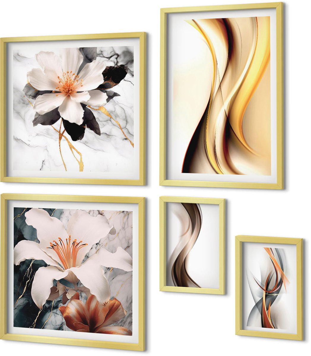 Coloray 5-Delige Schilderij Set - Stijlvolle Abstracte Composities Met Bloemmotieven - 50 x 50 cm, 20 x 30 cm En 40 x 60 cm - Schilderijen Set - Wanddecoratie - Woonkamer