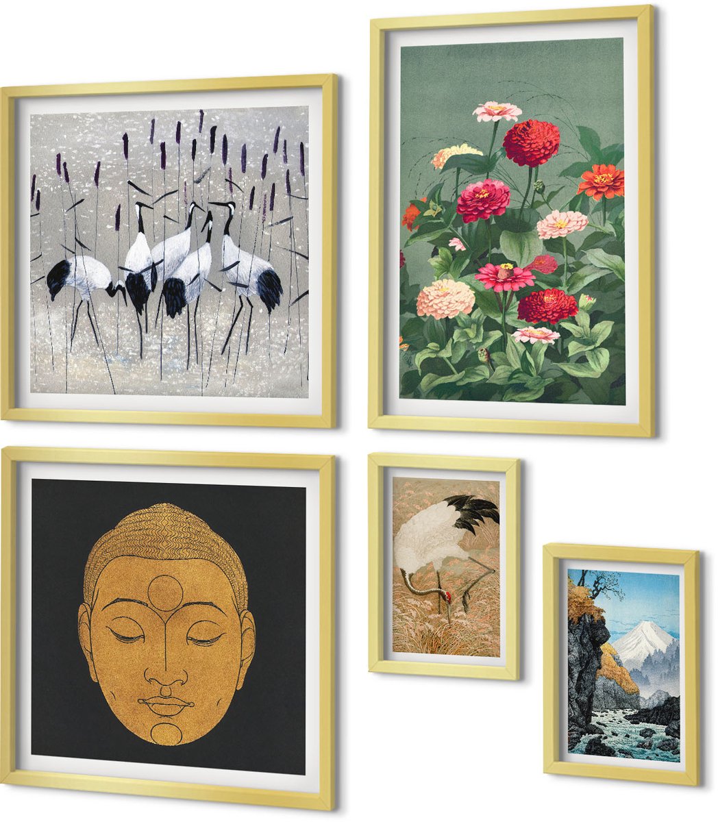 Coloray 5-Delige Schilderij Set - Aziatische Landschappen Met Bloemen En Boeddhistische Symboliek - 50 x 50 cm, 20 x 30 cm En 40 x 60 cm - Muurdecoratie - Interieur Decoratie - Decoratieve Schilderijen