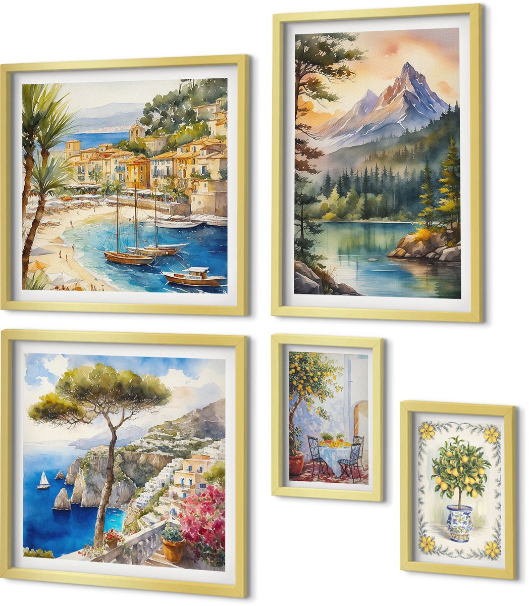 Coloray 5-Delige Schilderij Set - Berg- En Kustlandschappen Met Charmante Uitzichten - 50 x 50 cm, 20 x 30 cm En 40 x 60 cm - Muurdecoratie - Wanddecoratie - Hal
