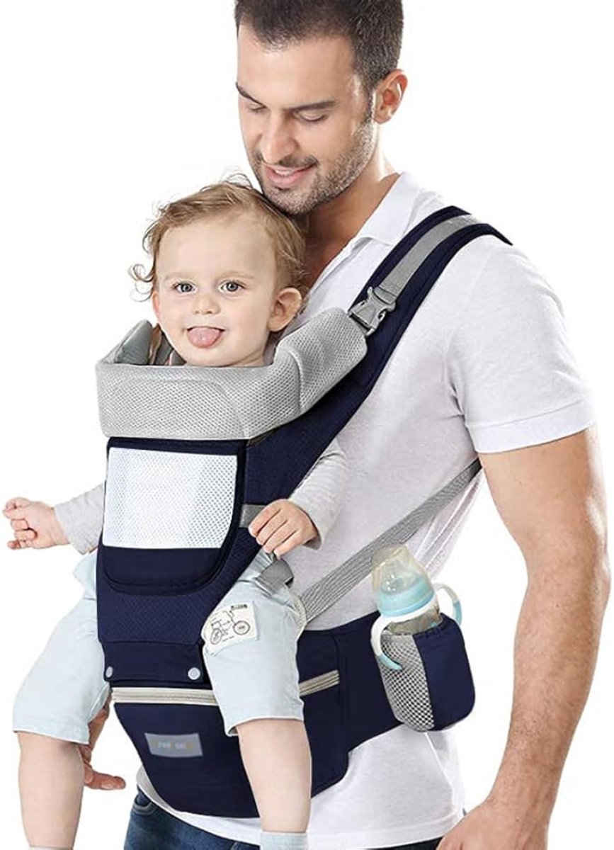 Verte Ergonomische Draagzak - Ergonomische Draagzak met Heupzitting – Katoenen Draagzak voor op de Rug en op de Buik – Lichtgewicht en Ademend – Verstelbare Hoofdsteun voor Baby’s en Kinderen – 0 tot 48 Maanden (3,5 tot 25 kg) – Blauw