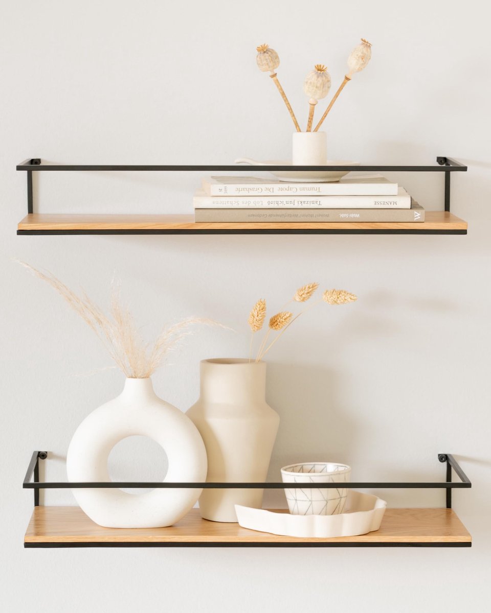 Famanu Wandplanken set van 2 stuks, zwevende planken van metaal en echt houtfineer, geschikt voor badkamer, keuken, woonkamer en slaapkamer, eiken kleur Naturel