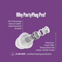 Exploded view van PartyPlug Pro oordopje. 'Hi-Fi ear plugs Enjoy crystal-clear sound at its best' en 'Premium music filter Tones down the noise, not the music' en '21 dB SNR - certified hearing protection'.