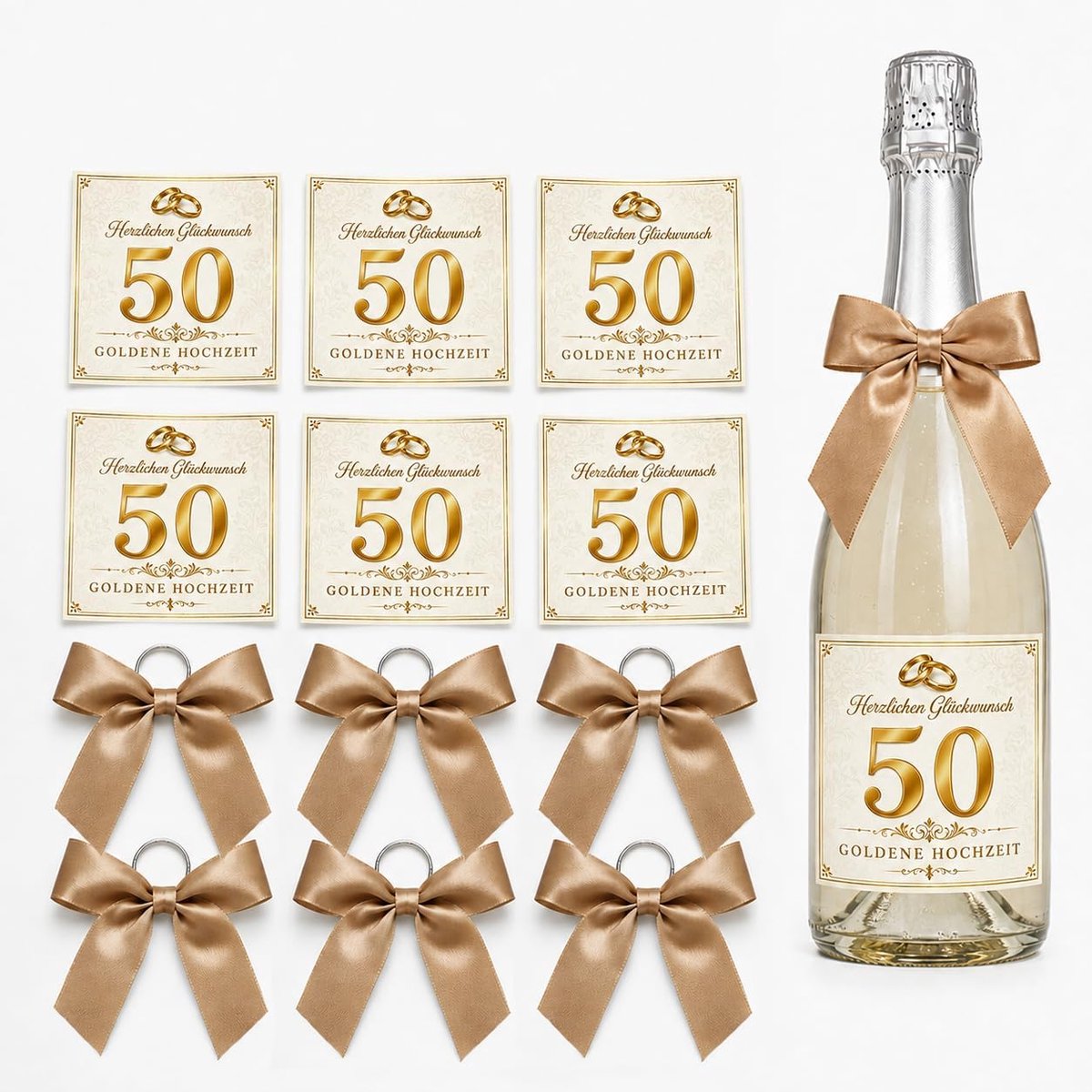 WALLFID 12-delige decoratieset voor wijnflessen voor zilveren of gouden bruiloft, 6 flesetiketten en 6 strikken - ShopVlot