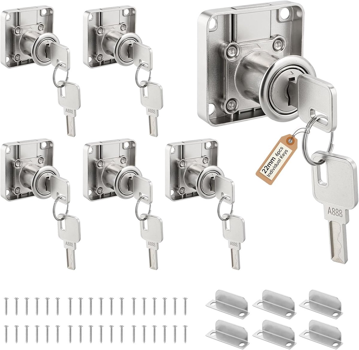 Set of 6 Cabinet Locks, Single Clasp with Brass Key, Furniture Lock, 22mm Drawer Lock, Screw Lock, Safety Lock for - ShopVlot