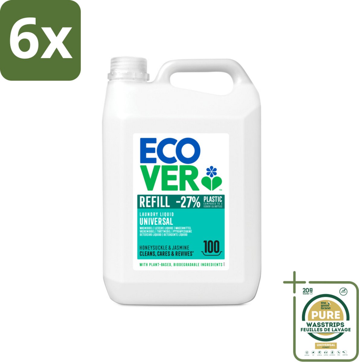 Ecover - Vloeibaar wasmiddel - Universeel - Kamperfoelie & Jasmijn - 5 liter - 100 wasbeurten - Voordeelverpakking - 6 stuks - Plantaardig wasmiddel - Vlekkenverwijderaar