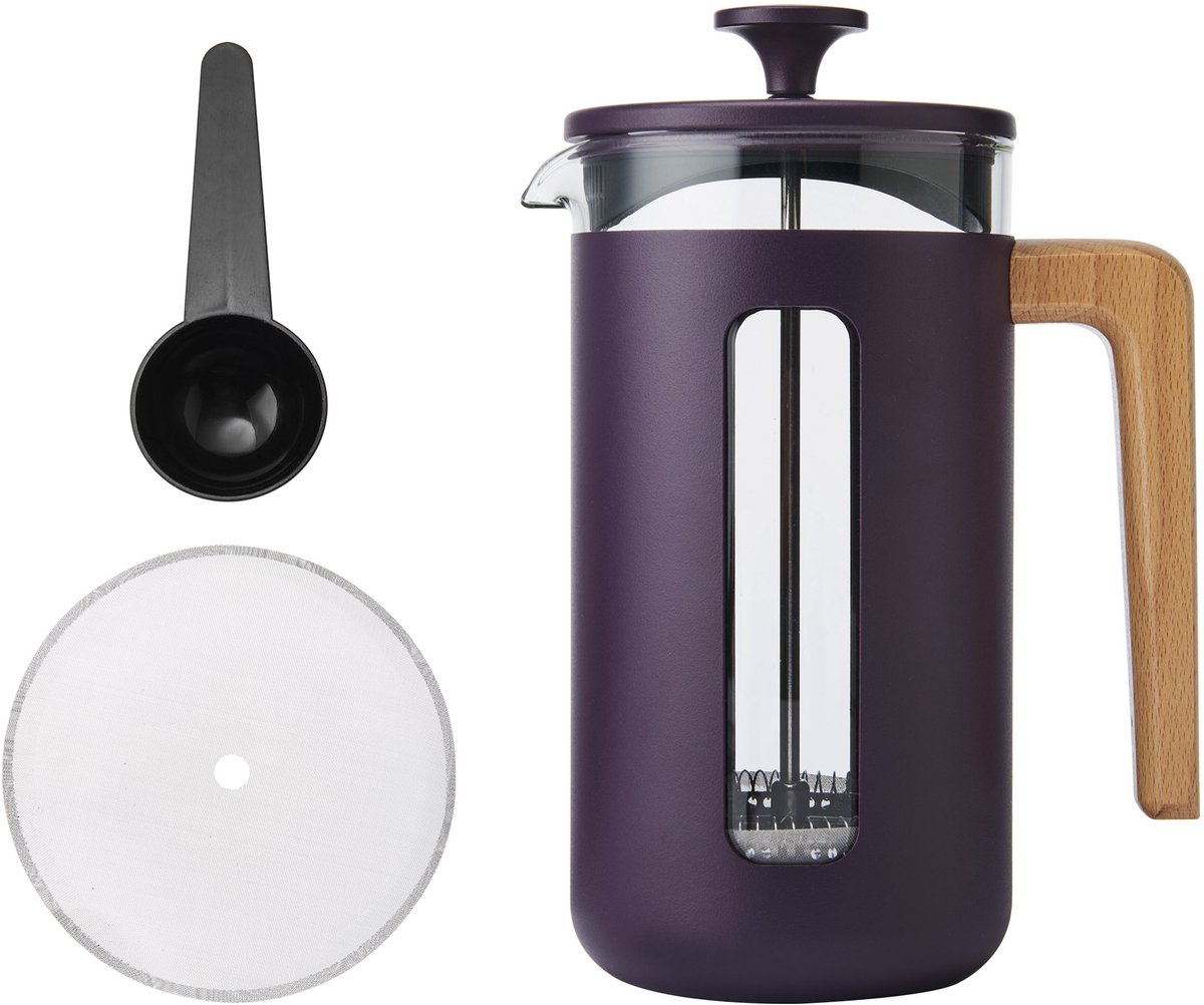 La Cafetière - Pisa Cafetière - Borosilicaatglas - RVS - Houten Handvat - Paars - 8 Kops - 1L