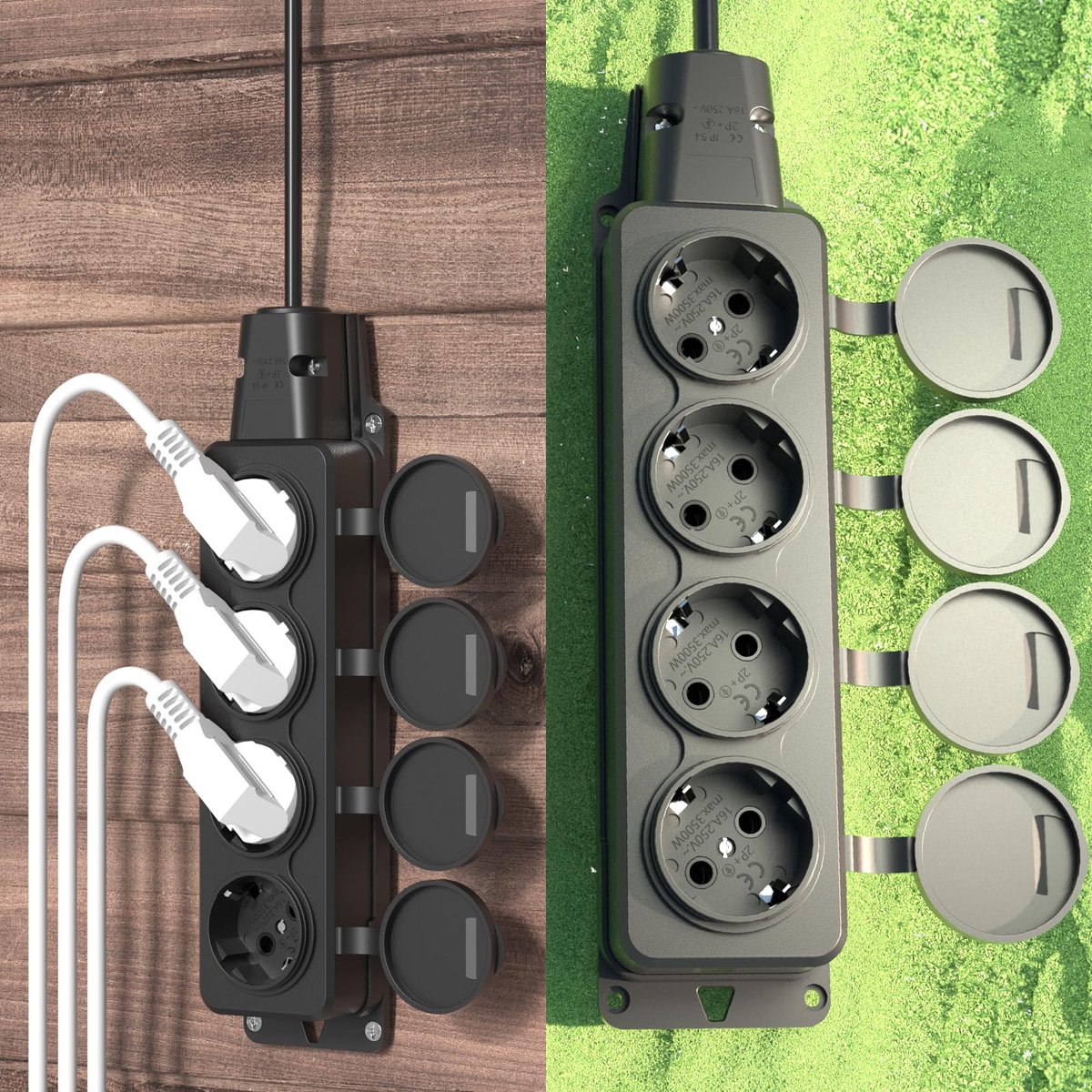Buitenstopcontact IP54 - 4-voudig waterdicht - met klapdeksels - ideaal voor tuin en vochtige ruimtes - ShopVlot