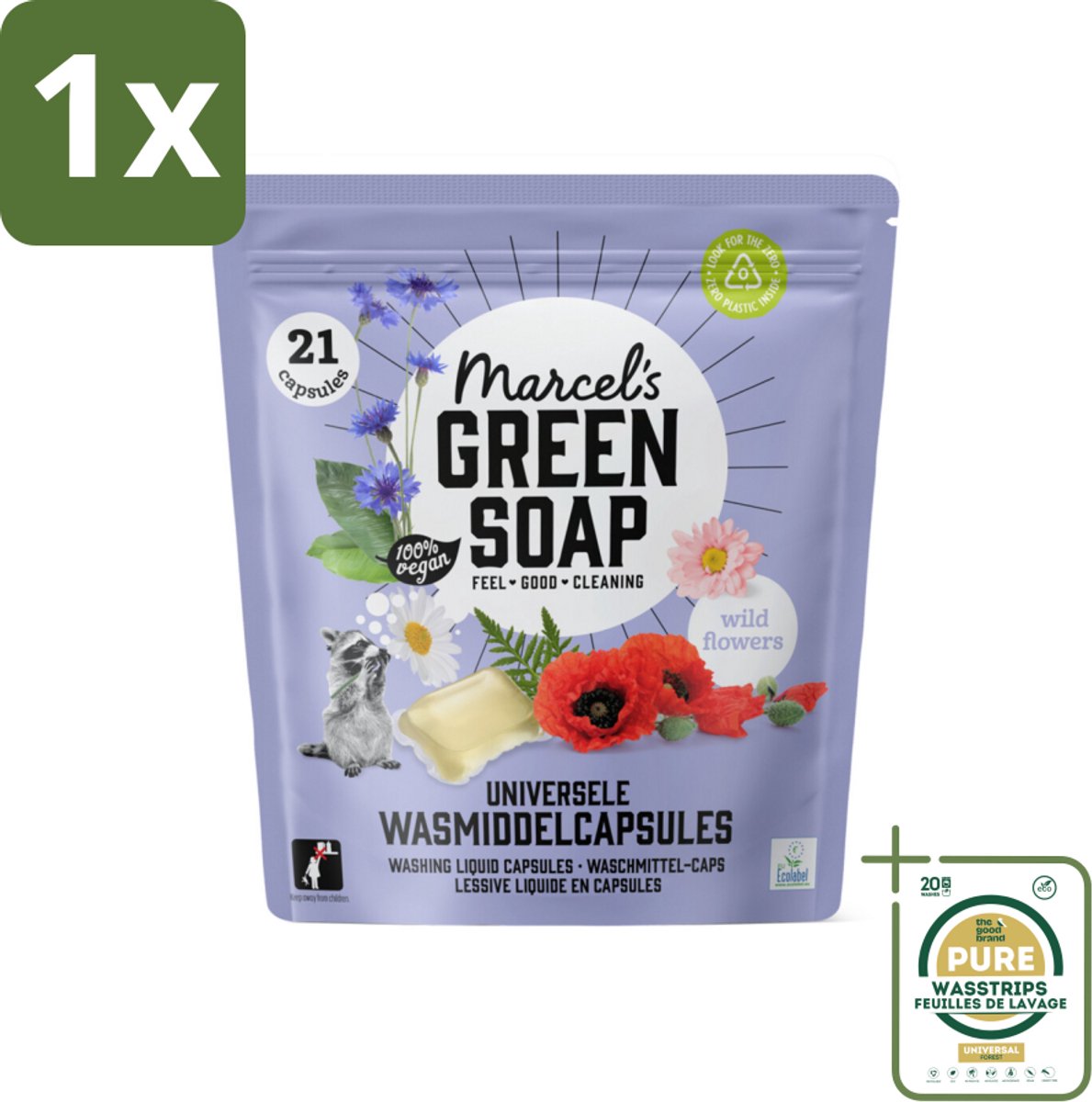 1 x Marcel's Green Soap - Wascapsules - Wilde Bloemen - Gemak in één dosis - 21 Capsules- Wascapsules - Wasmiddel - Natuurlijke Geur - Vegan Wasmiddel - Milieuvriendelijk Wasmiddel