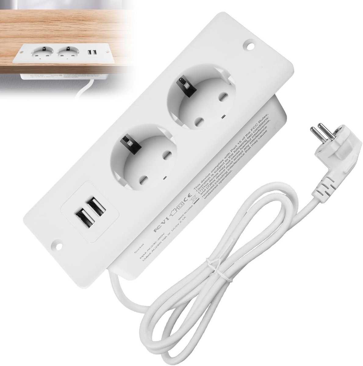 Inbouw Stopcontact met 2 USB - Wit - 16 x 6 x 4,5 cm - Vlamvertragend Materiaal - Voor Bureau of Werkblad