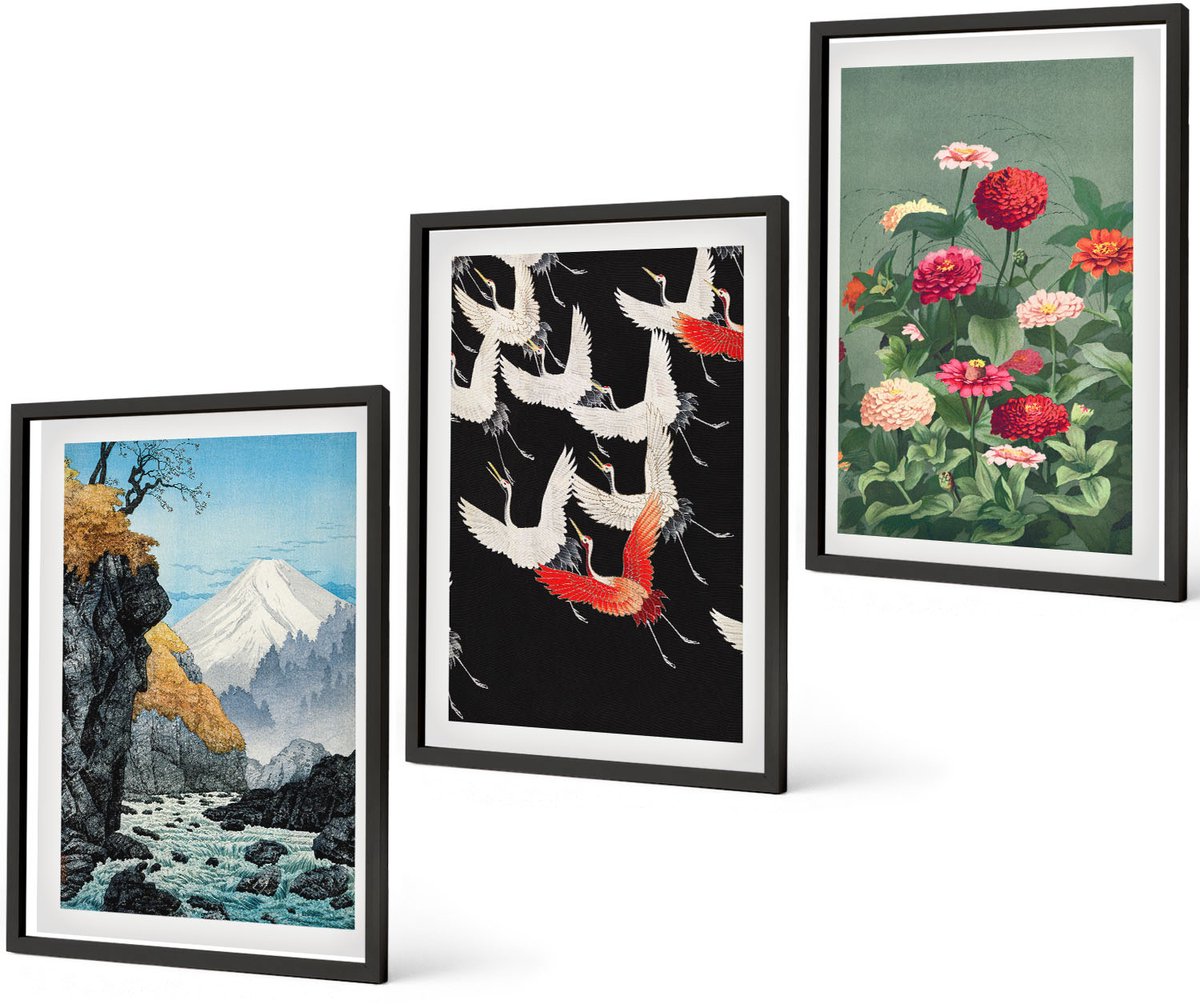 Coloray 3-Delige Schilderij Set - Bergen Met Een Waterval, Vogels In Vlucht En Kleurrijke Bloemen - 40 x 60 cm - Muurdecoratie - Interieur Decoratie - Woonkamer Decoratie