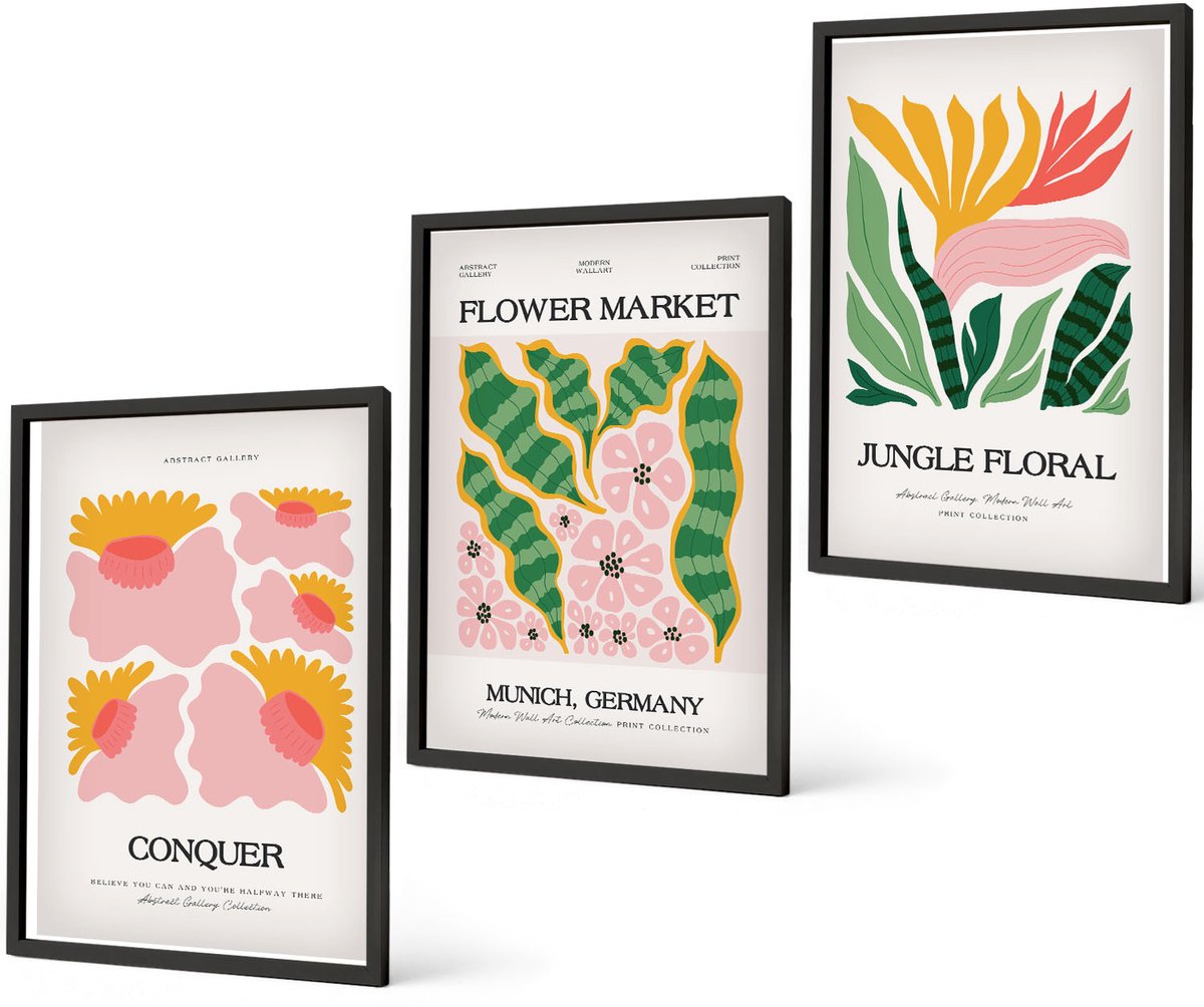 Coloray 3-Delige Schilderij Set - Bloemen En Bladeren In Moderne Stijl Op Posters - 40 x 60 cm - Muurdecoratie - Decoratieve Schilderijen - Wohnzimmer - Moderne Wanddecoratie