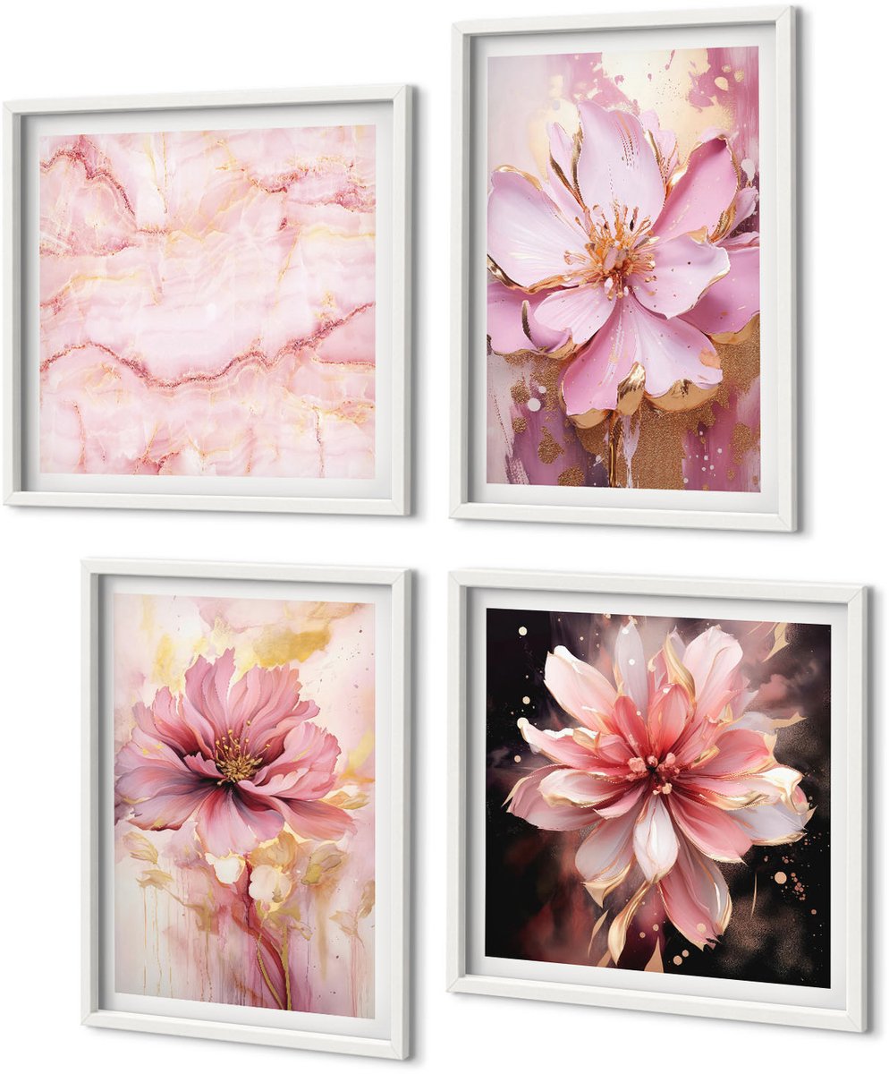 Coloray 4-Delige Schilderij Set - Bloemencomposities In Roze En Witte Tinten. - 40 x 40 En 40 x 60 - Muurdecoratie - Wanddecoratie - Hal - Stijlvolle Muurdecoratie