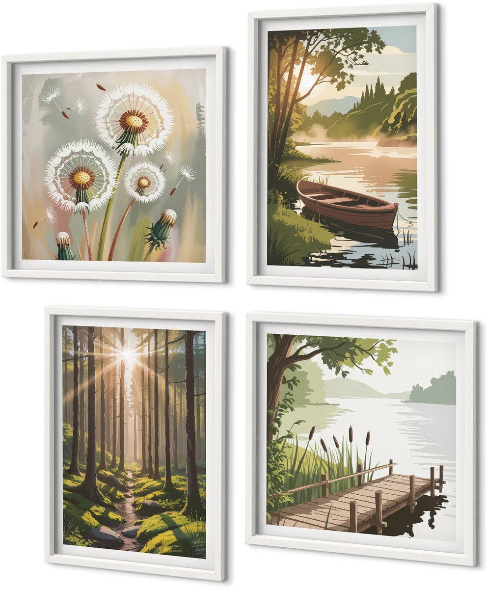 Coloray 4-Delige Schilderij Set - Rustige Landschappen Van Bos En Meer Met Een Boot - 40 x 40 En 40 x 60 - Wanddecoratie - Woonkamer Decoratie - Interieur Decoratie