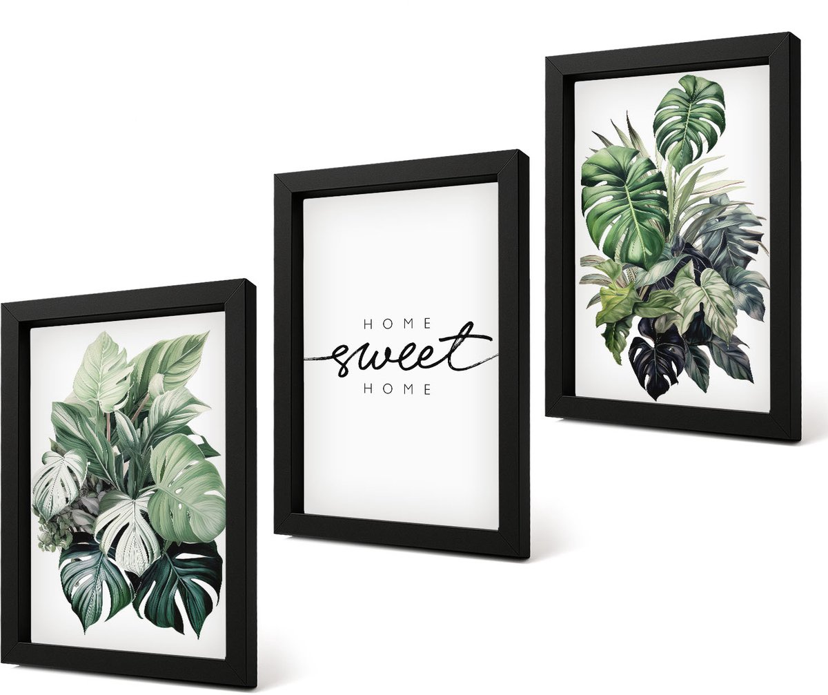 Coloray 4-Delige Schilderij Set - Planten in het groen met de woorden Sweet Home - 20 x 30 cm - Wanddecoratie - Schilderijen Set - Kantoor - Decoratieve Schilderijen