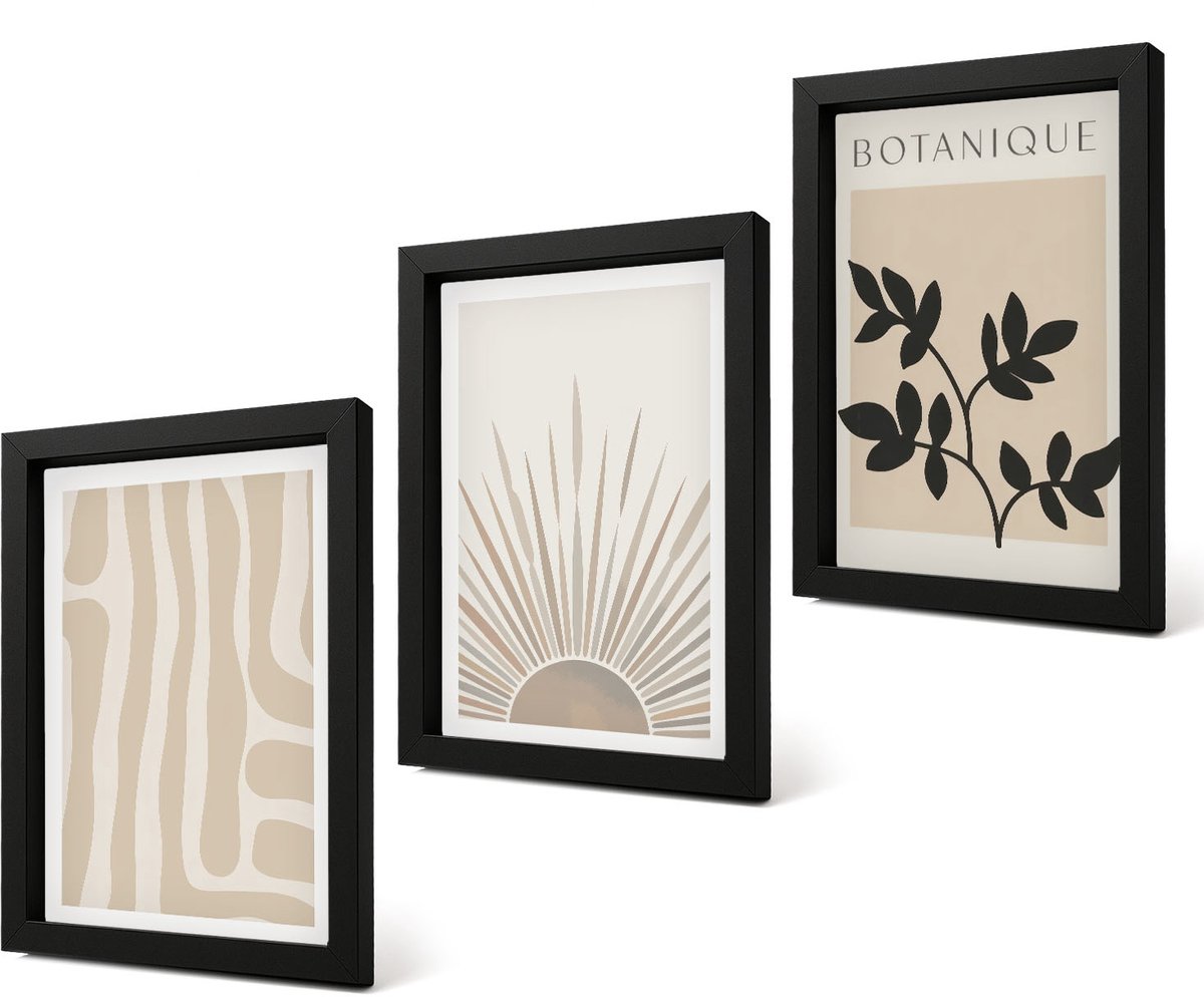 Coloray 4-Delige Schilderij Set - Abstracte patronen met plantenaccenten in neutrale tinten. - 20 x 30 cm - Wanddecoratie - Moderne Interieurdecoratie - Woonkamer Decoratie
