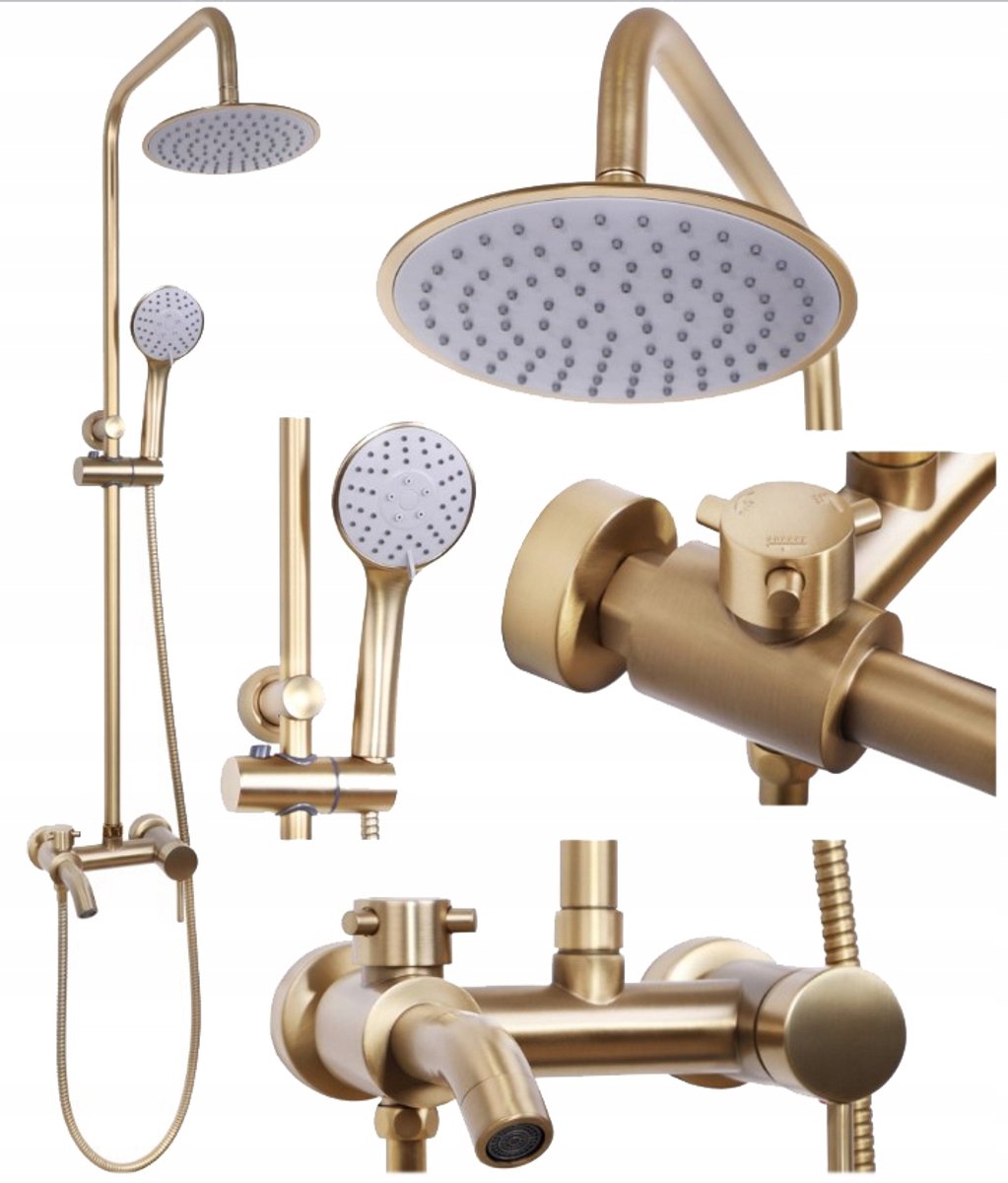 Gouden Retro Doucheset Messing Opbouw met Regendouche & Baduitloop