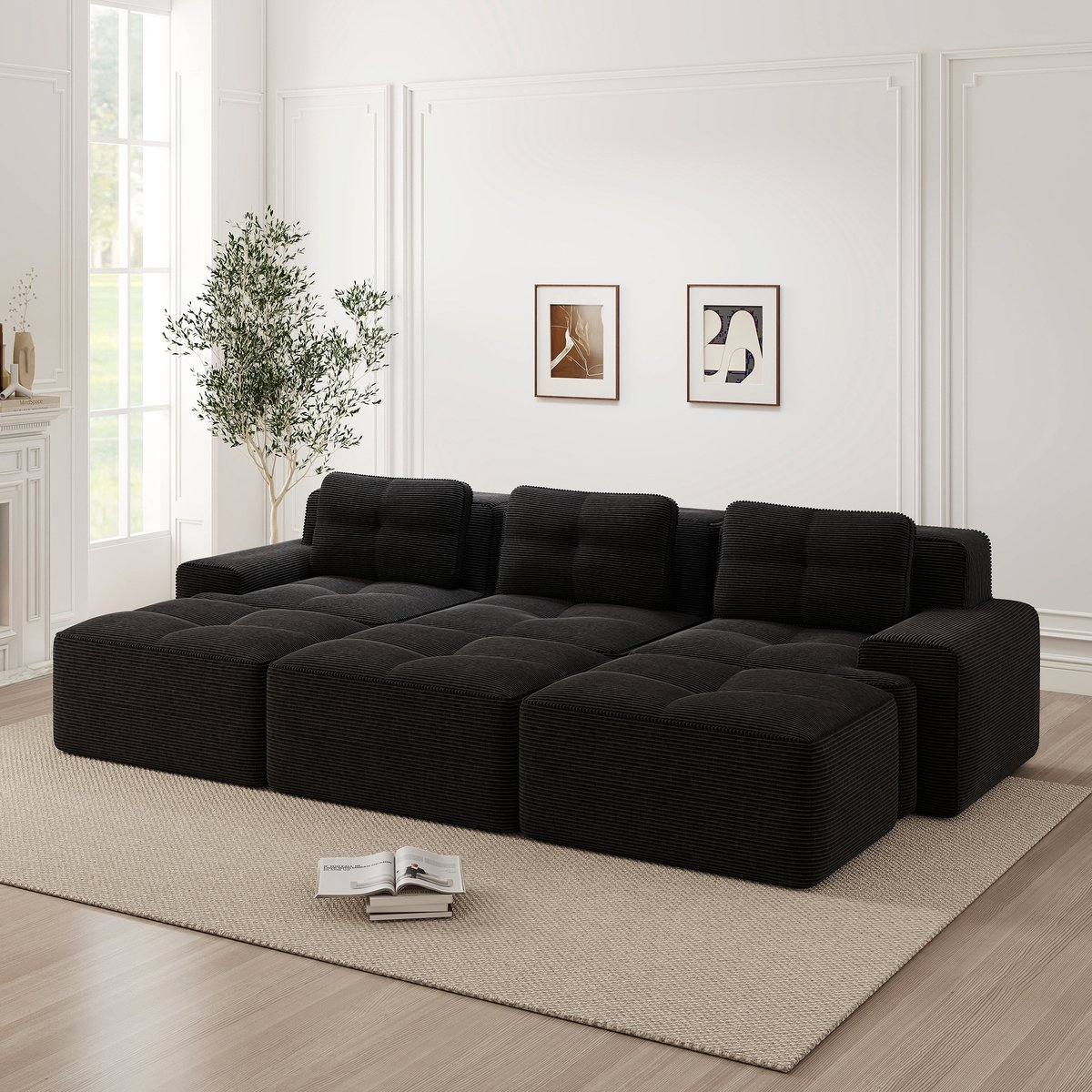Modulaire slaapbank met 3 hockers - 3-zits hoekbank - Zwart corduroy - Frameloos en montagevrij - Cloud comfort met diepe 74cm zit - Antislip en huisdiervriendelijk - Vacuüm verpakt en snel klaar