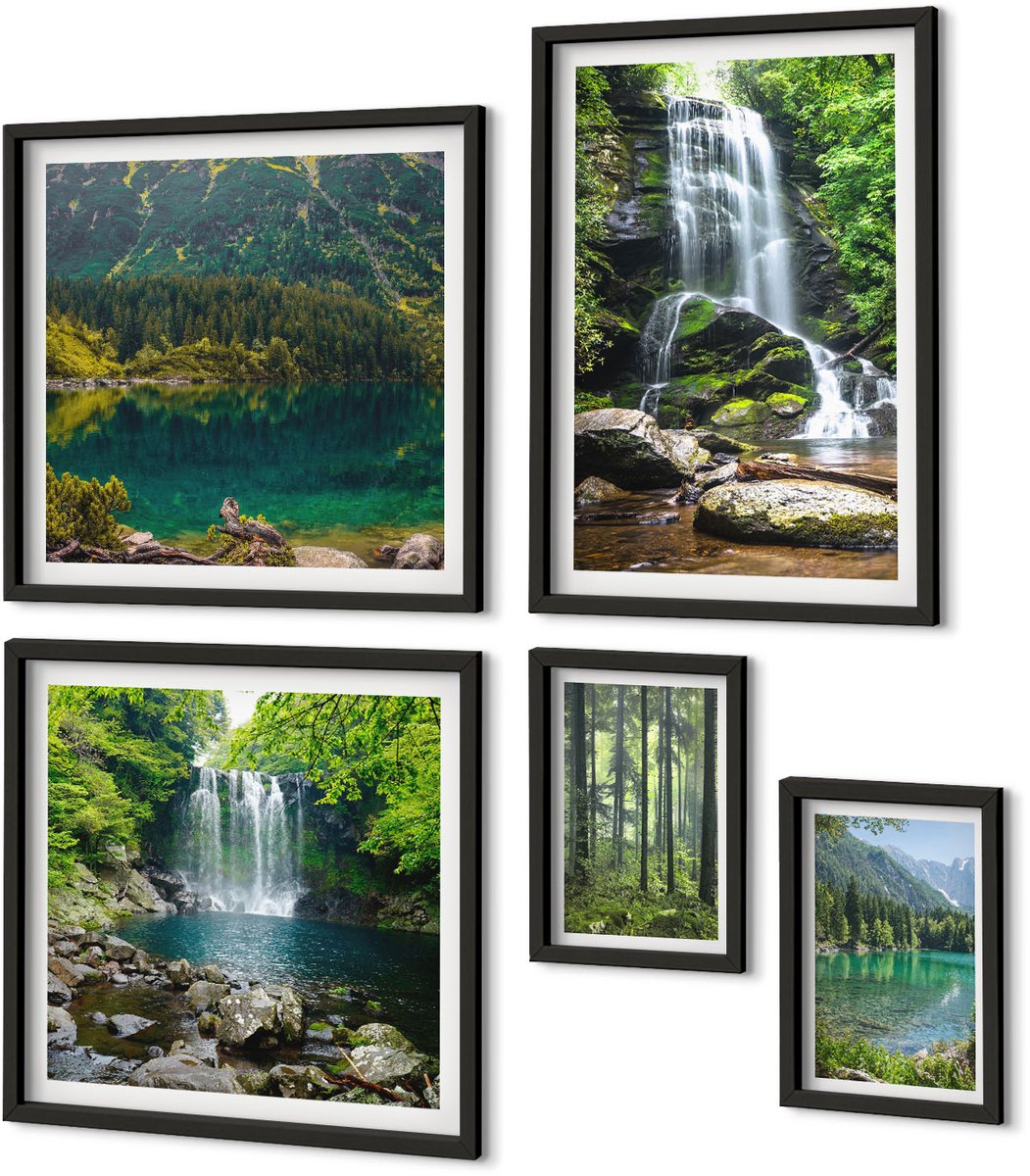 Coloray 5-Delige Schilderij Set - Watervallen En Boslandschappen, Omgeven Door De Natuur. - 50 x 50 cm, 20 x 30 cm En 40 x 60 cm - Muurdecoratie - Interieur Decoratie - Moderne Wanddecoratie