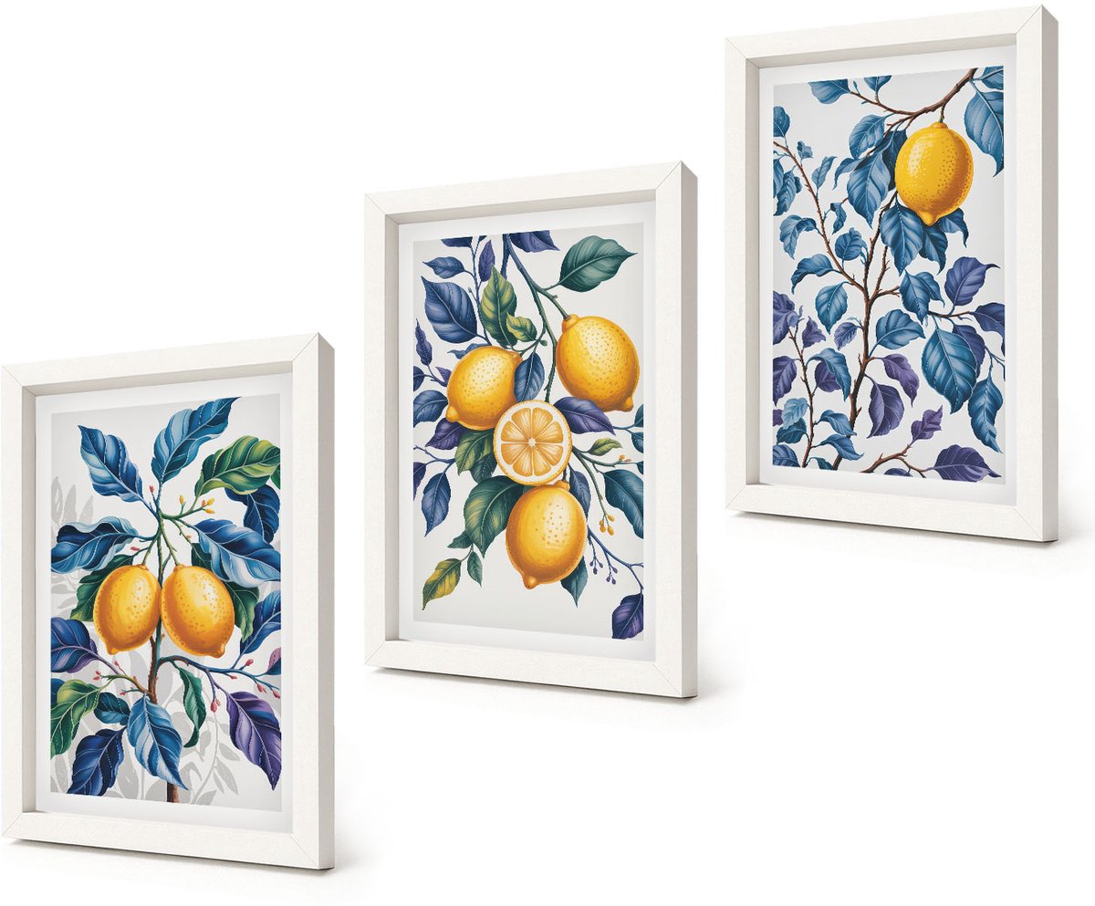 Coloray 3-Delige Schilderij Set - Citroenen aan takken met blauwe bladeren - 20x30 - Decoratieve Schilderijen - Woonkamer - Interieur - Stijlvolle Muurdecoratie