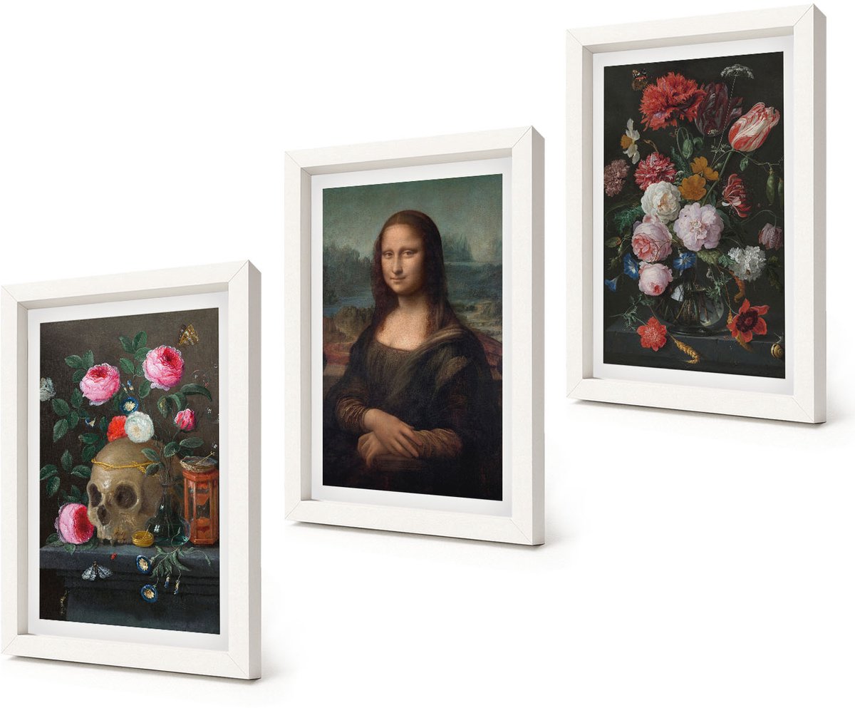 Coloray 3-Delige Schilderij Set - Vintage bloemen, schedel en Mona Lisa-portret van Leonardo Da Vinci - 20x30 - Decoratieve Muurdecoratie - Slaapkamer - Stijlvolle Muurdecoratie