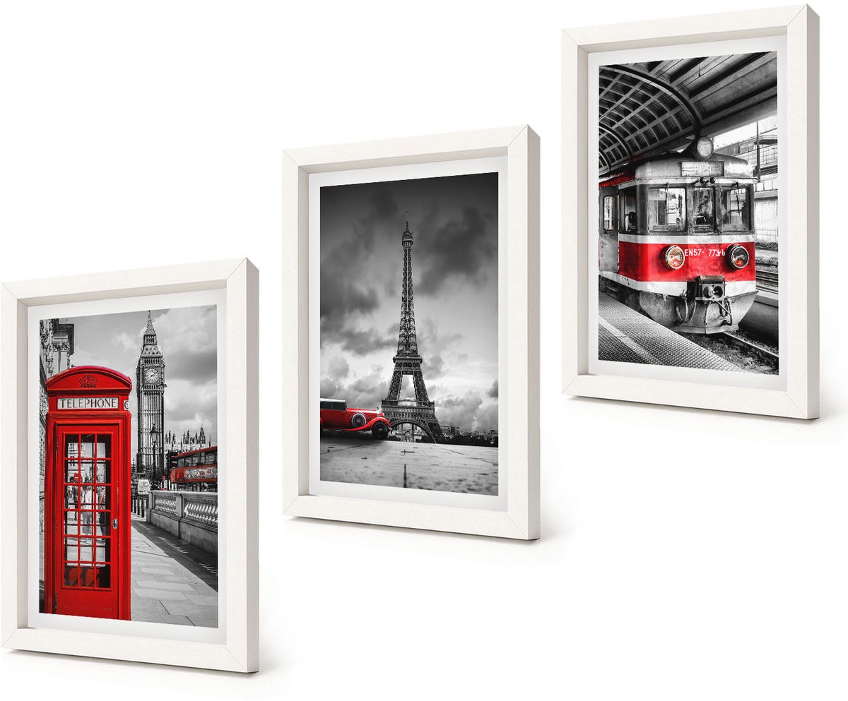 Coloray 3-Delige Schilderij Set - Iconische steden: Londen, Parijs en het spoorvervoer - 20x30 - Stijlvolle Muurdecoratie - Slaapkamer