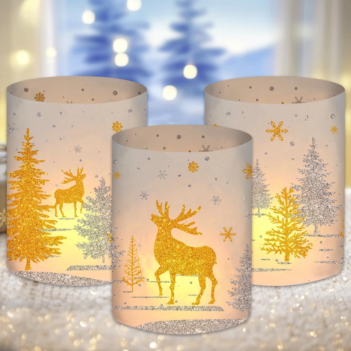 Famanu 12 windlichten tafeldecoratie Kerstmis Zwart
