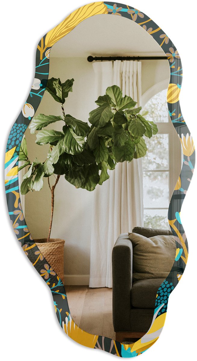 TULUP Plantenpatroon Spiegel - Zwart Moderne Rechthoekige Wandspiegel - Organische Spiegel - Slaapkamer, Woonkamer, Kantoor - Illustratief - 45x90 cm - Totale afmeting 52x97 cm PlantenpatroonPatroon, Zwart