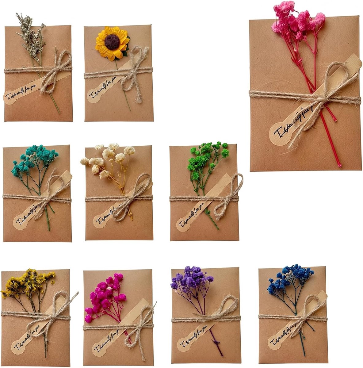 Dankskaarten met decoratieve gedroogde bloemen, wenskaarten voor verjaardag, van kraftkaart, vintage, 7 x 10 cm - ShopVlot