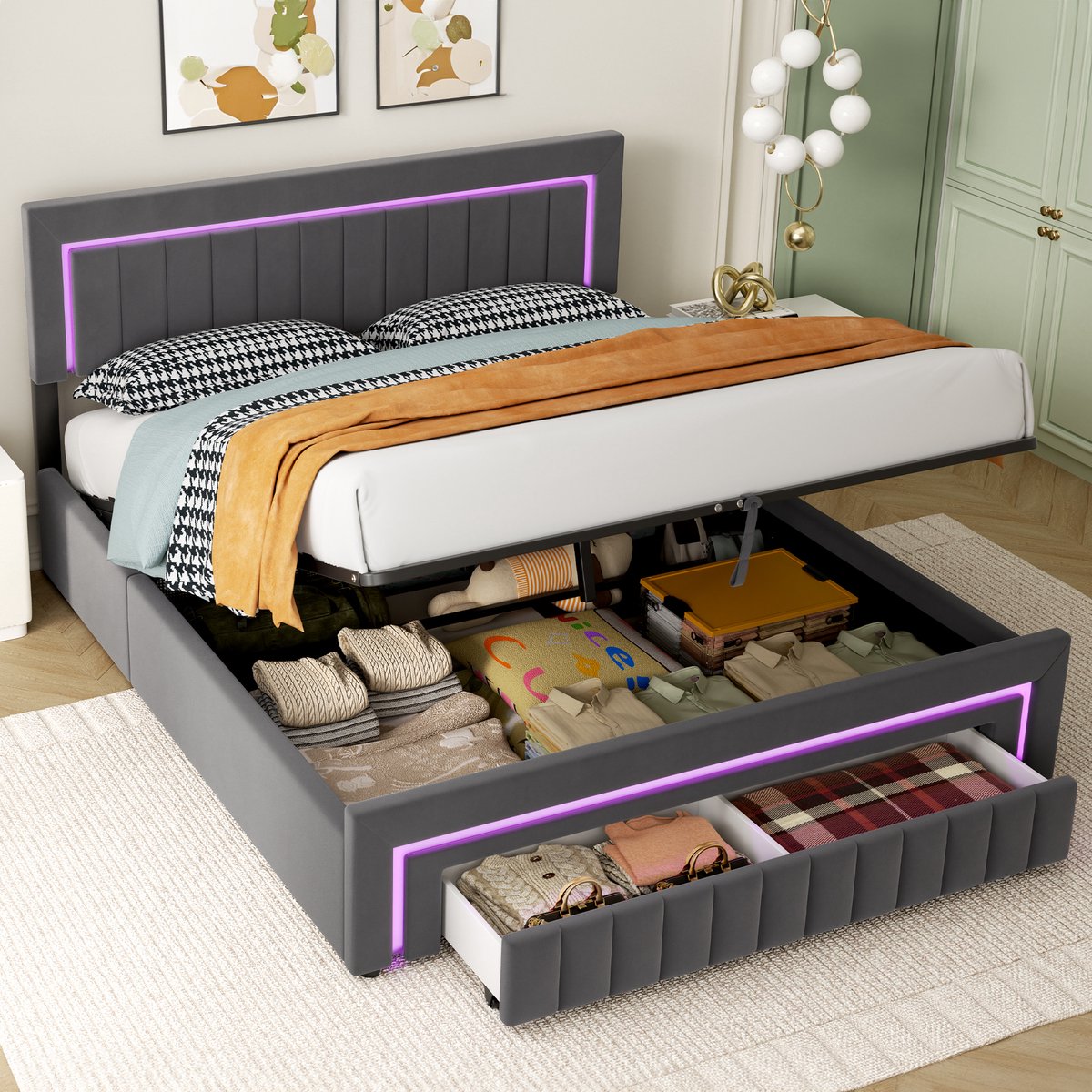 HAUSS SPOLE Gestoffeerd Bed 180x200cm Zonder Matras - Bed Met Ledverlichting En Lade - Met Opbergruimte Voor Slaapkamer - Fluweel - Donkergrijs