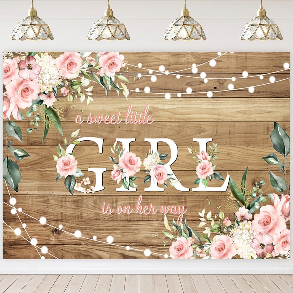 7x5FT Baby Shower Achtergrond Een Lief Meisje is onderweg Rustiek Hout Roze Bloemen Fotografie Achtergrond Pasgeboren - ShopVlot