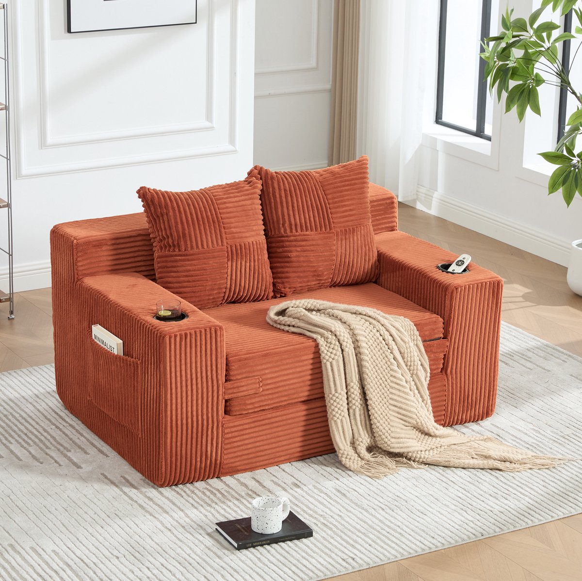 STILVORA Slaapbank 2 Zits 151 x 133 x 64 cm - Met 2 Kussens, Bekerhouder En Opbergtas - Voor Woonkamer En Leeshoek - Corduroy - Oranje