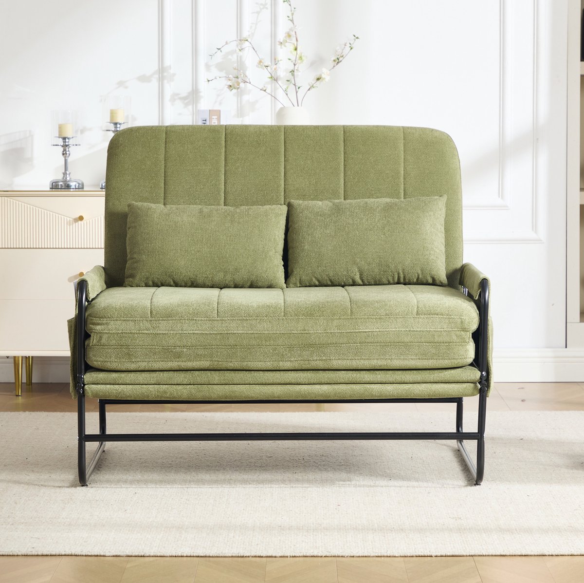 STILVORA Slaapbank 2-Zits 104 Cm - Uitklapbaar Naar Bed Met Opbergtassen - Voor Woonkamer, Thuiswerkplek En Logeerkamer - Chenille - Olijfgroen