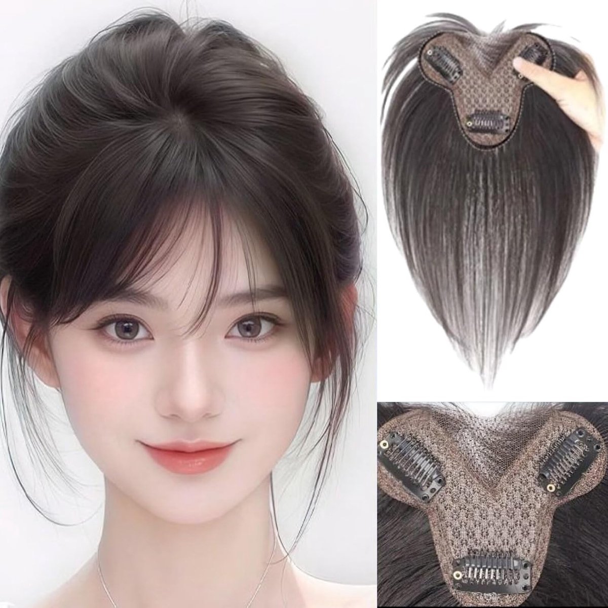 Haartopper voor dames, echt haarclips, glad haar met pony, zijden basis met 150% dichtheid (rechte pony) - ShopVlot