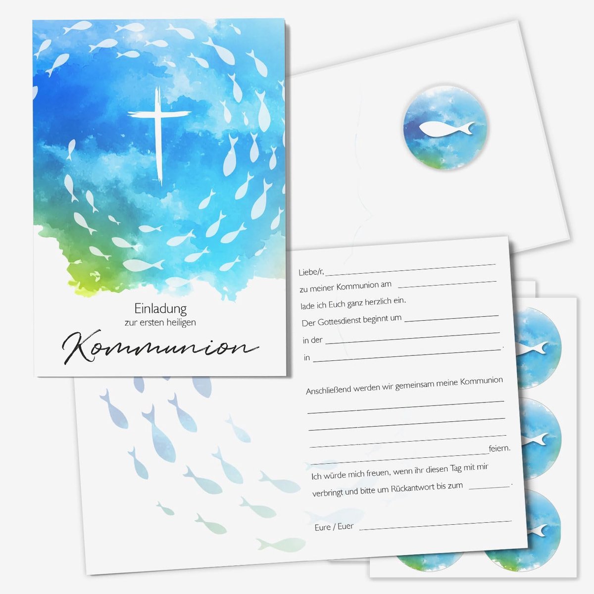Communiekaarten set van 15 - blauwe/groene vouwkaarten - met 15 enveloppen en 18 stickers - uitnodiging communie - ShopVlot