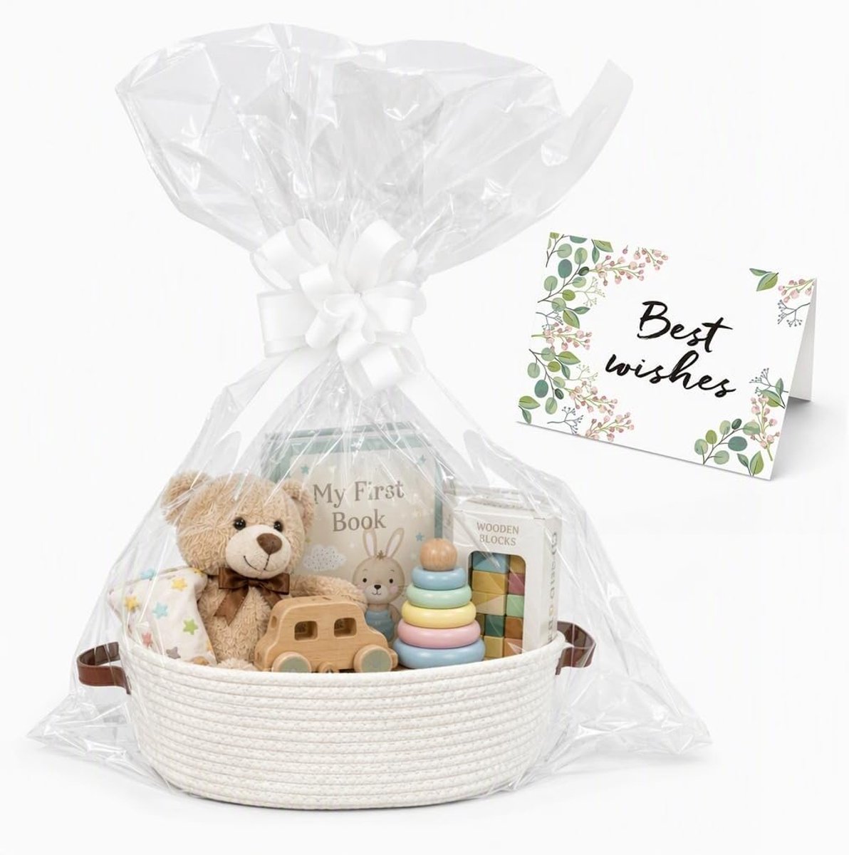 geschenkmand 30 × 20 × 12,5 cm - gevlochten wit - incl. cadeauzakje, strik en wenskaart - ShopVlot