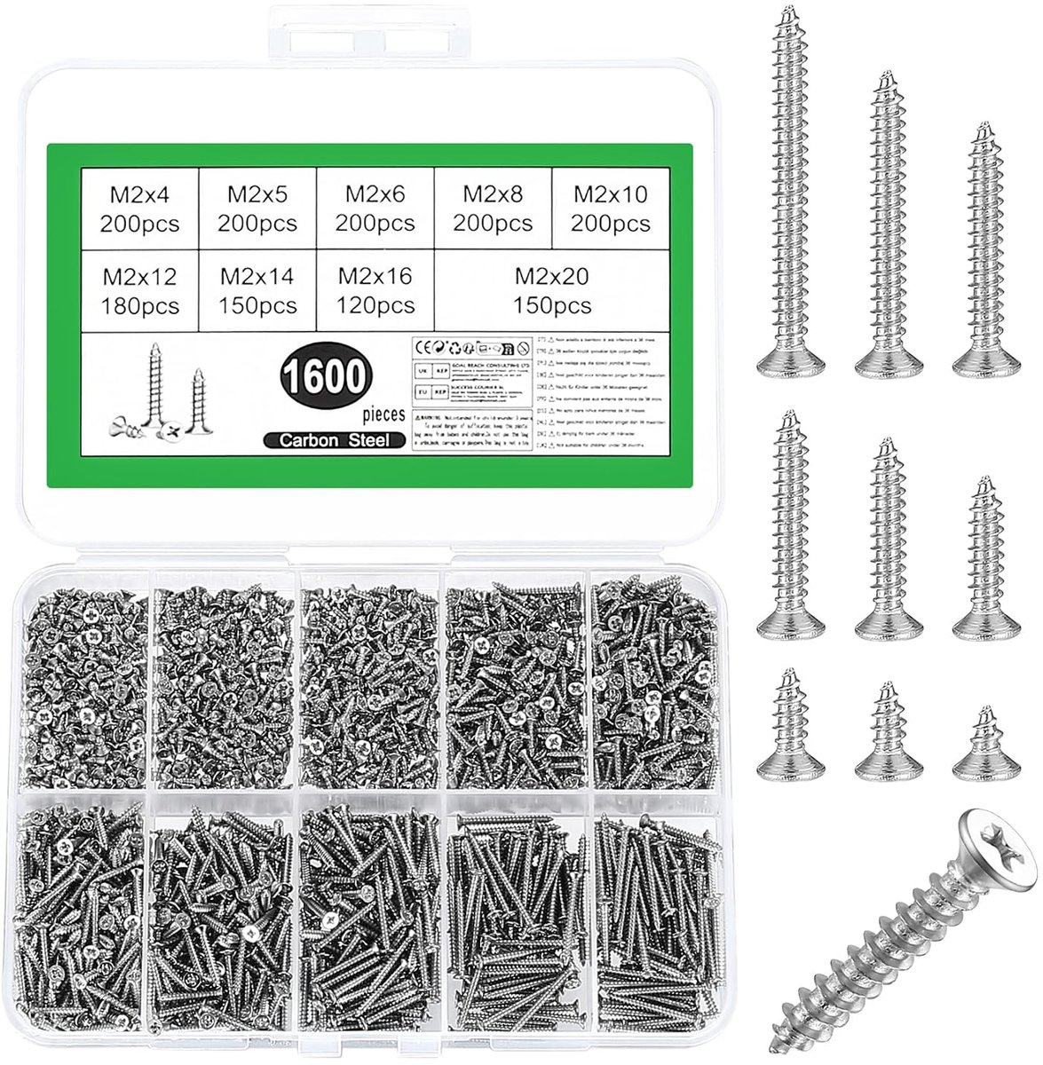 M2 kleine schroeven set - 1600 stuks - carbon staal - robuust voor hout en beton - ShopVlot