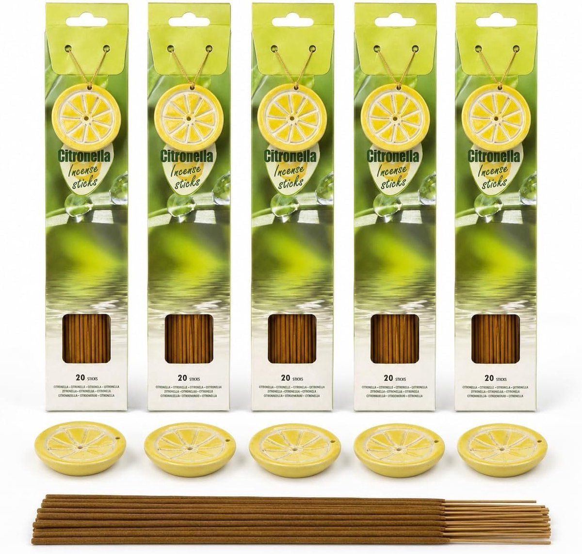 Citronella wierookstokjes 100 stuks - 5 verpakkingen - 5 keramische houders - ideaal voor buitengebruik - ShopVlot