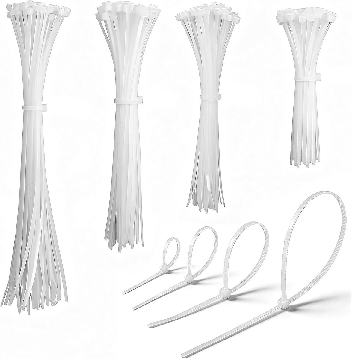 Kabelbinders, wit, set van 220 stuks, 100/150/200/300 mm (elk 55 stuks), nylon, verschillende maten, super duurzaam - ShopVlot