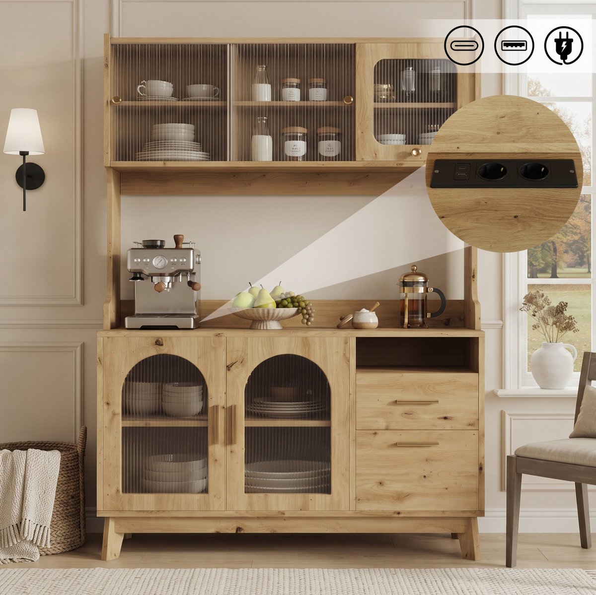 MIVRAY Buffetkast - Ruime Hoge Kast Met Stopcontact En USB-C USB-A - Voor Eetkamer En Keuken - Spaanplaat - 120x40x178 Cm - Wood