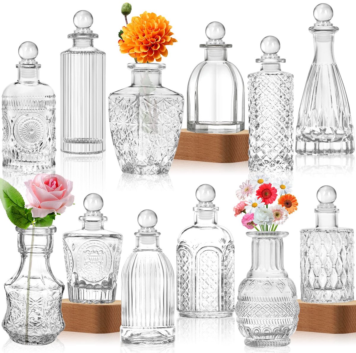 Famanu Set van 12 glazen vaasjes met 8 glazen stoppen, kleine vazen voor bloemen in vintage stijl voor tafeldecoratie en bruiloften Zwart