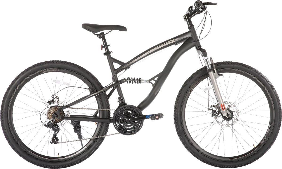 Mountainbike – Voor heren en dames / volwassenen – 21 versnellingen, volledige vering, dubbele schijfrem – 66 cm, zwart
