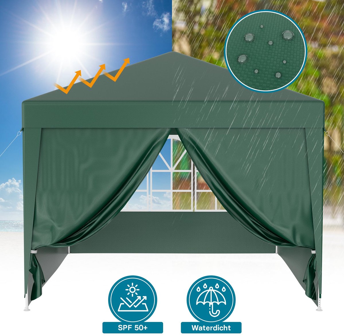 Partytent 3 x 3 m met UV-bescherming 50+ - Groene Tuinpaviljoen met Afneembare Zijwanden en Ramen - Waterbestendige Feesttent voor Terras, Tuin, Festivals, Feesten en Buitenactiviteiten