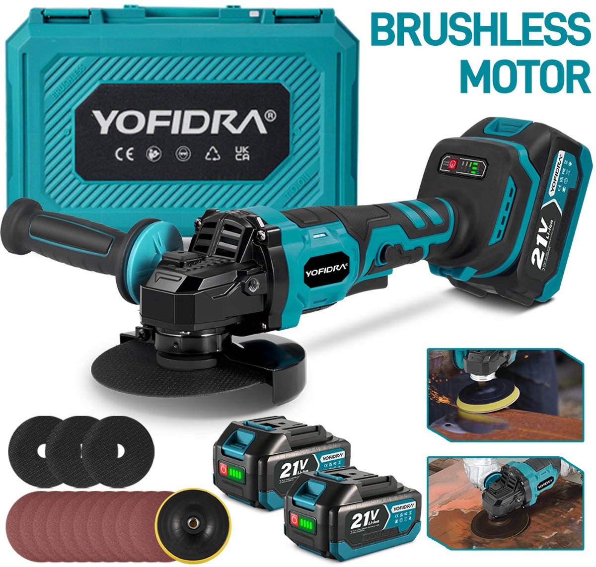 Yofidra Haakse Slijper - 125MM - Elektrische Slijpmachine - Brushless Slijptol - met 3x Slijpschijf & 2x Accu - voor nauwkeurig snijden en slijpen
