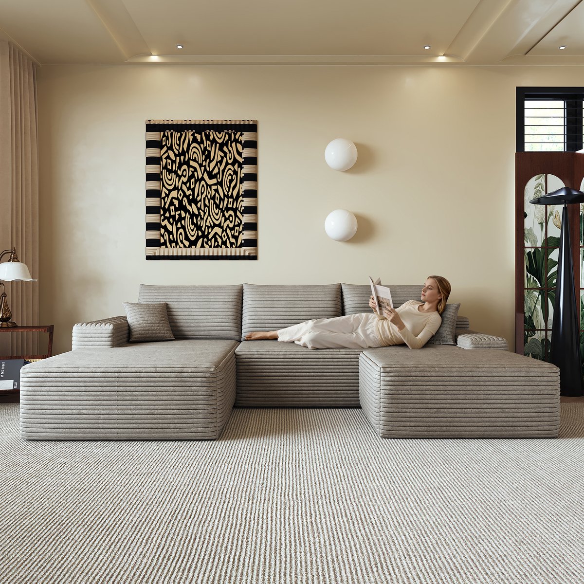 Modulaire Hoekbank - 4-Zits Lounge Bank Met Chaise Longue - Corduroy Cloud Sofa Met Diepe Zit - Compacte Bank Zonder Montage - Voor Woonkamer En Appartement - Camel
