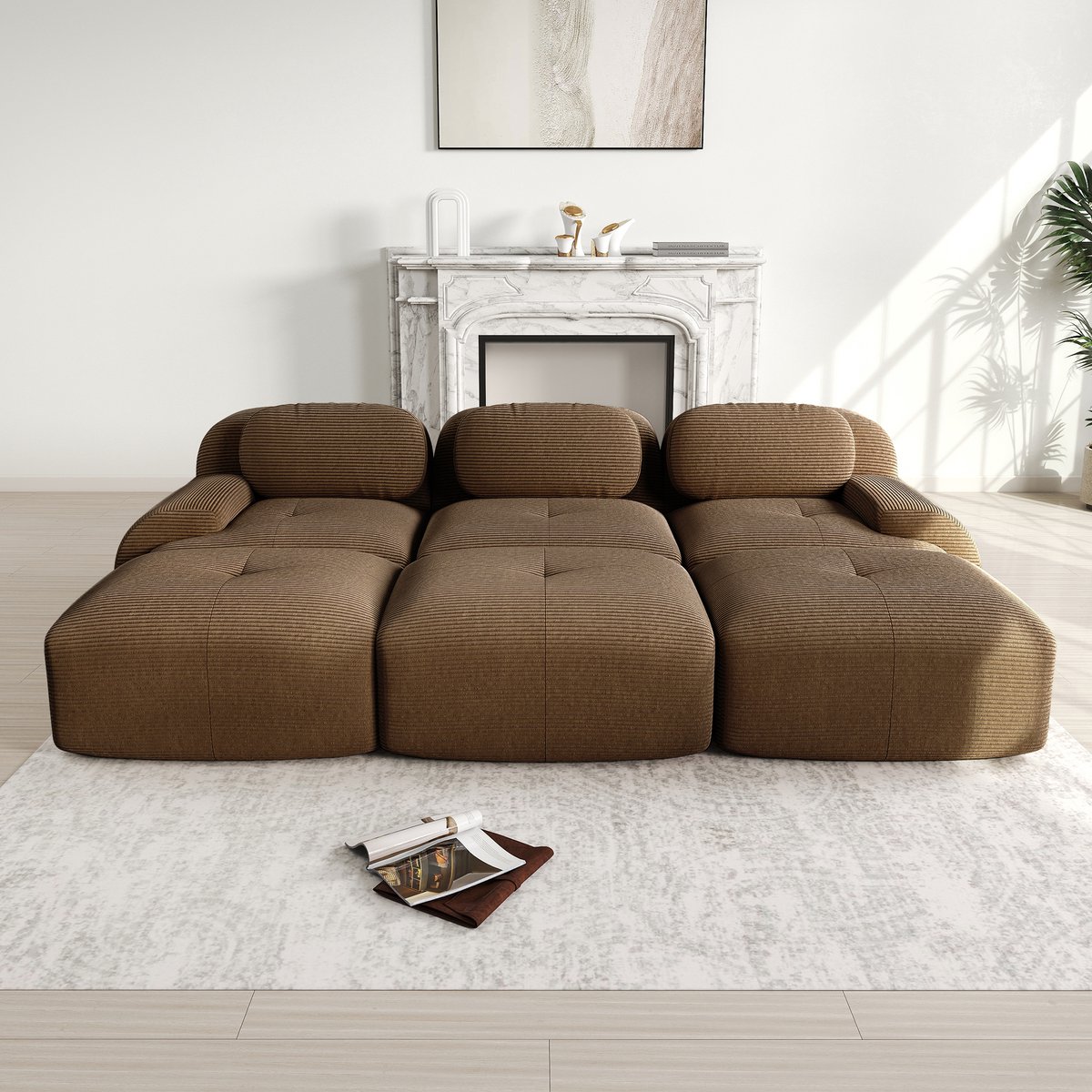 Modulair 3-zits sofa met 3 kussens in Corduroy, - 298x178x70 cm - Montagevrij, Bruin